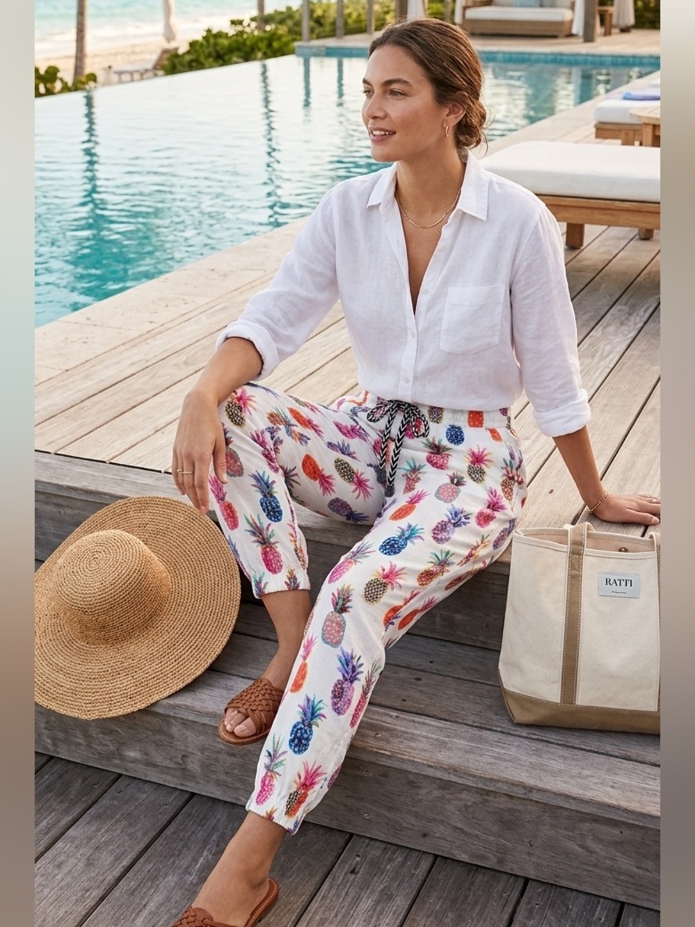 J.Crew x Ratti Seaside Painted Pineapple Jogger Pants Tropical Pull-On Size 4